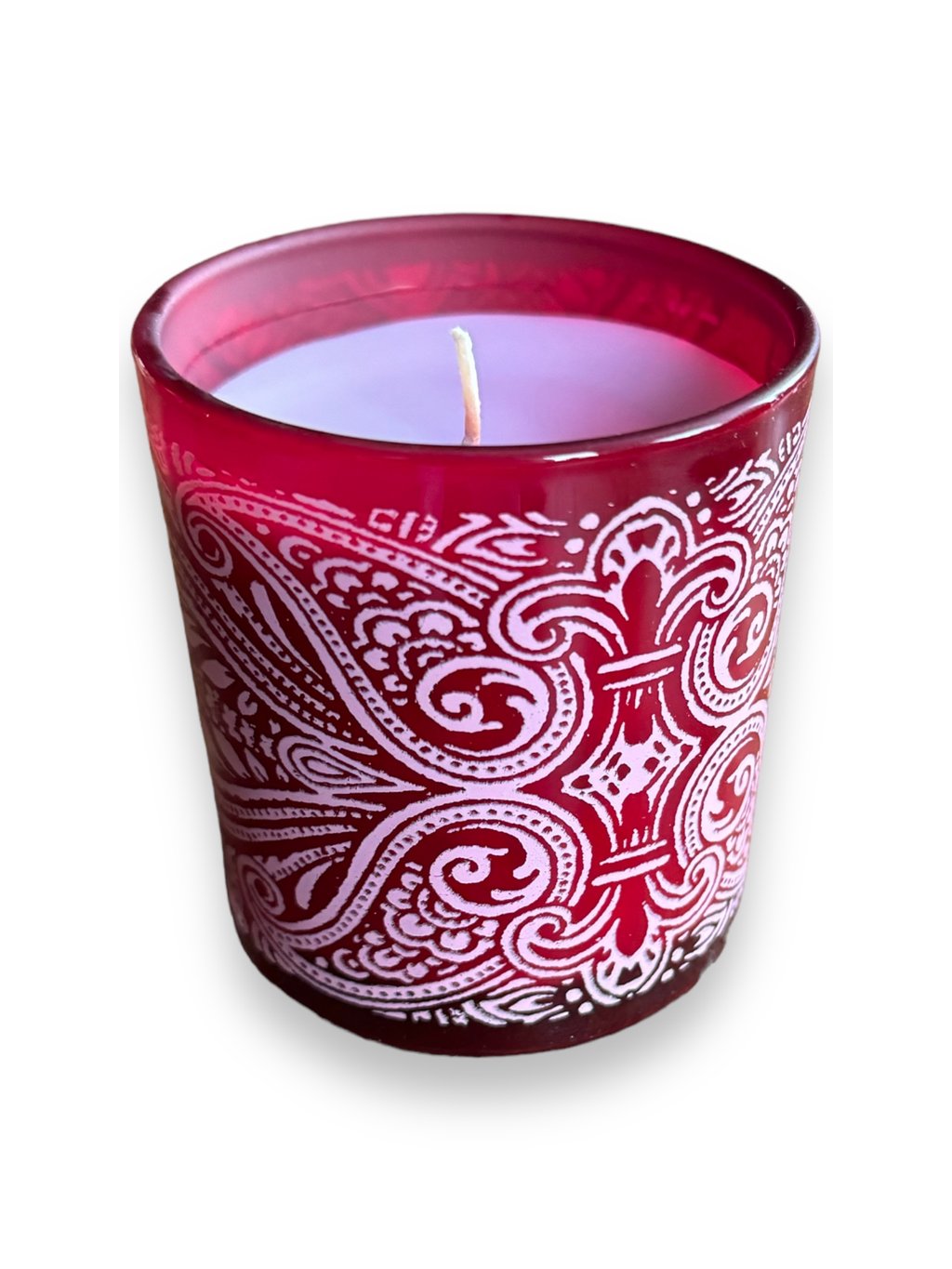 Свічка Deluxe Aroma червона з білим оздобленням