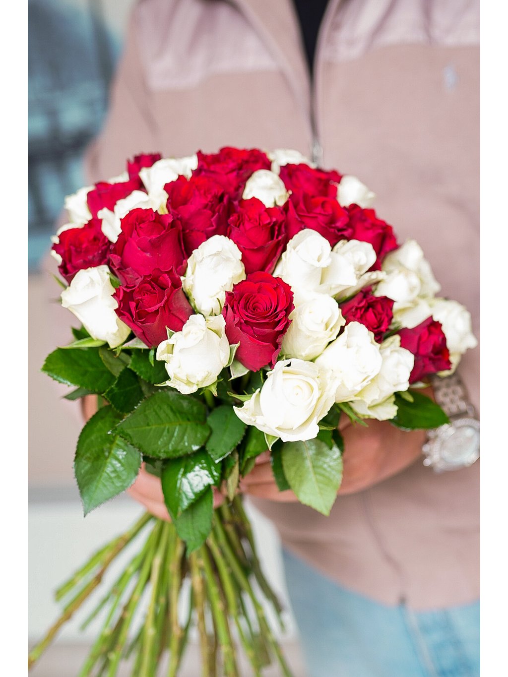 Bouquet of 51 Roses – Red and White